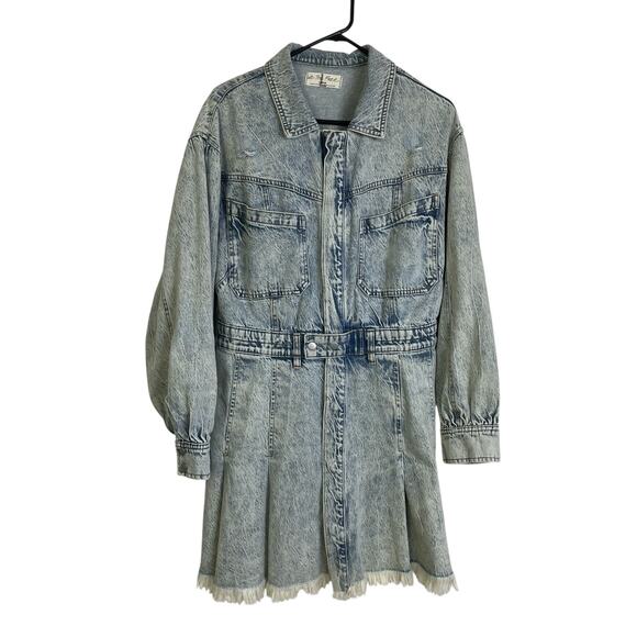 Free People Chain Of Command Denim Dress Womens Large Fringe Snap Up Cowgirl - Picture 1 of 11